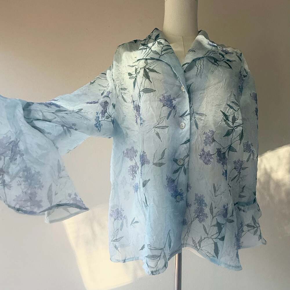 Blue Floral Sheer Textured Button-Down Shirt with Bell Sleeves